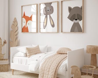 Woodland Animal Nursery Prints: Fox, Rabbit, Raccoon Art - Set of 3