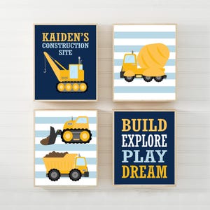 Construction print set of 4, Construction boys room decor, Personalized construction canvas, Toddler boys room decor, Construction trucks