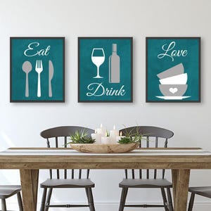 Eat Drink Love Kitchen Wall Art, Eat Drink Love Prints or Canvas Kitchen Quote Wall Decor, Dining Room Wall Decor Set of 3 Teal Kitchen