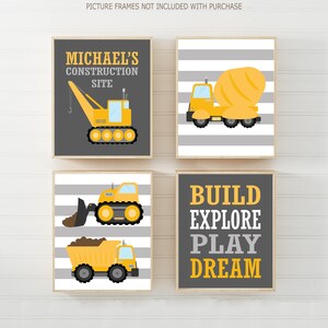 Construction Boys Room, Set of 4 Construction Prints or Canvas Pictures, Build Explore Play Dream, Construction Trucks Room Wall Decor