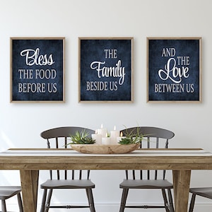 Navy Dining Room Wall Decor, Bless The Food Before Us, Dining Room Wall Art Prints, Kitchen Pictures, Navy Gray Kitchen Set of 3