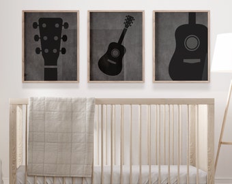 Guitar Nursery Prints For Boys, Rock and Roll Music Theme Nursery Art, Guitar Nursery Decor, Guitar Prints or Canvas Above Crib Art Set of 3