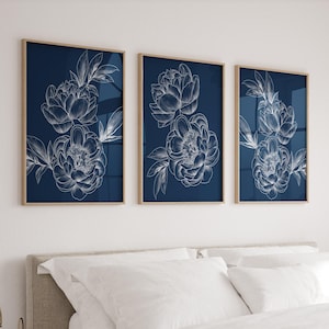 Navy blue floral prints or canvas, peony flower wall art, set of 3 navy blue flower prints, bedroom wall decor, above fireplace decor