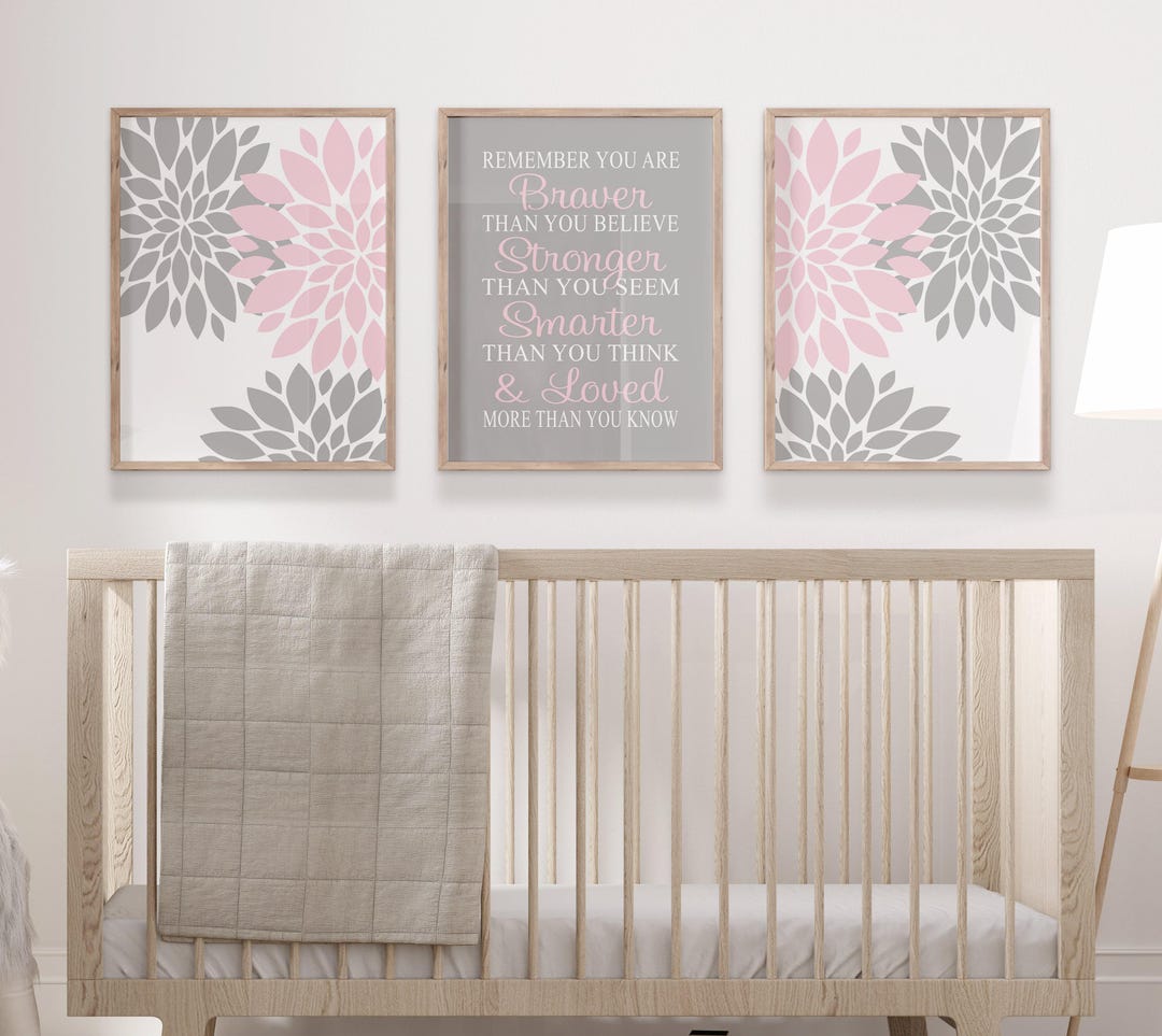Pink Gray Nursery Wall Art Baby Girl Nursery Decor Floral Nursery Art ...