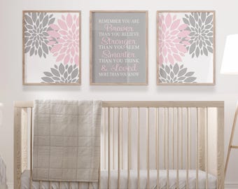 Pink Gray Floral Nursery Art Prints, Girl Room Decor, Set of 3