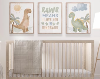 Watercolor Dinosaur Nursery Art: Set of 3 Prints or Canvas Wall Art