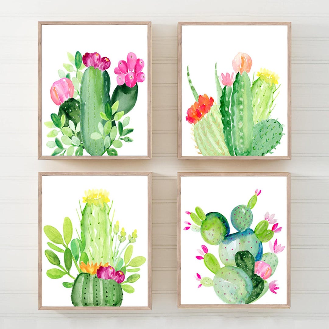 Watercolor Cactus Flower Art Prints, Botanical Wall Decor, Set of 4 - Etsy