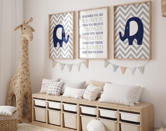 Elephant Nursery Art Prints, Navy Gray Chevron, Set of 3