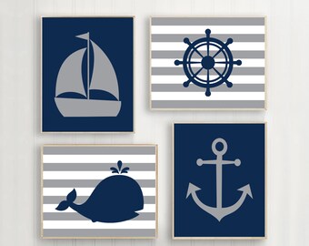 Nautical Nursery Wall Art, Navy Gray Nursery, Boy Nursery Decor, Kids Nautical Bathroom, Whale Anchor Sailboat Set of 4 Prints Or Canvas