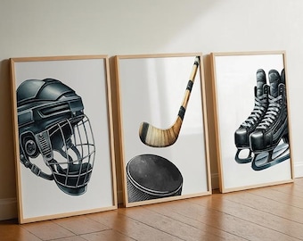 Ice Hockey Prints, Hockey Decor Boys Bedroom, Hockey Stick Puck, Set of 3 Hockey Wall Art Prints or Canvas