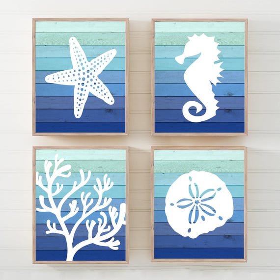 Beach House Wall Art: Ombre Nautical Prints, Set of 4