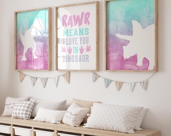 Pink Watercolor Dinosaur Prints: Girls Nursery Wall Art, Set of 3