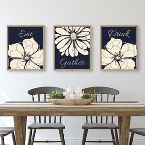 Navy Kitchen Wall Decor, Eat Gather Drink, Dining Room Wall Decor Prints or Canvas, Flower Kitchen Decor, Floral Farmhouse Decor, Set of 3