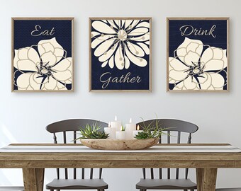 Navy Kitchen Wall Decor, Eat Gather Drink, Dining Room Wall Decor Prints or Canvas, Flower Kitchen Decor, Floral Farmhouse Decor, Set of 3