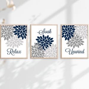 Teal Gray Bathroom Decor, Bathroom Wall Art, Prints or Canvas Floral Bathroom Wall Decor, Relax Soak Unwind, Bathroom Quotes, Set of 3 画像 3