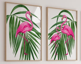 Watercolor Flamingo Prints: Tropical Nursery Wall Art, Above Crib Decor, Set of 2