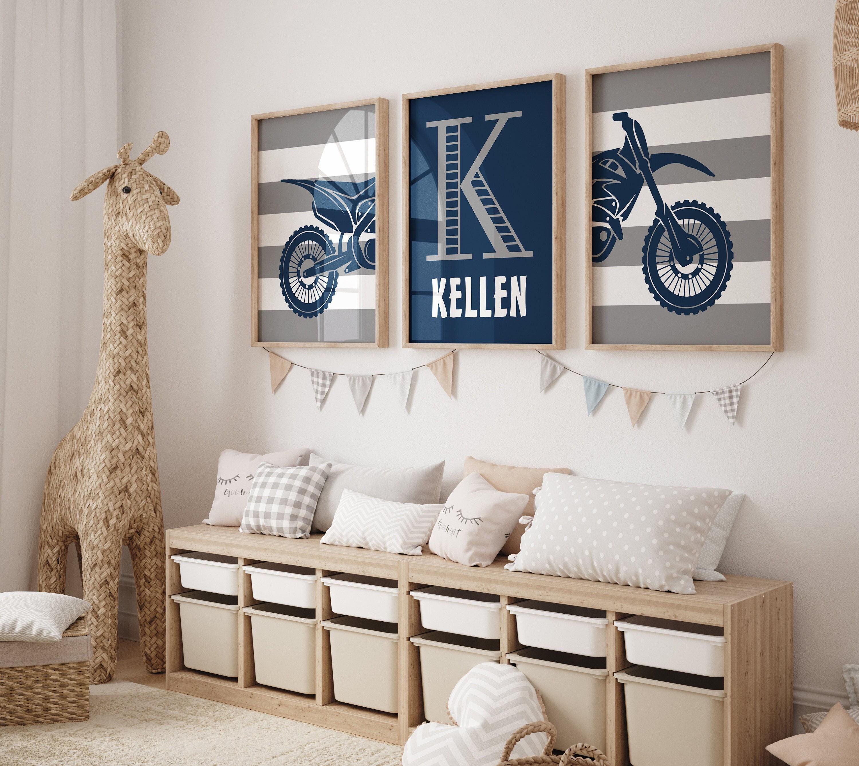 Dirt Bike Room Decor, Navy Gray Dirt Bike Racing Prints for Boys Room