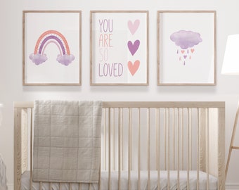 Lavender Rainbow Nursery Prints For Little Girl's Room Set of 3 Rainbow Prints, Pink Purple Watercolor Rainbow Canvas Nursery Wall Art