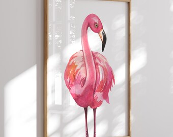 May include: A watercolor painting of a pink flamingo standing on one leg. The flamingo is facing to the right and has a long, thin neck. The background is white.