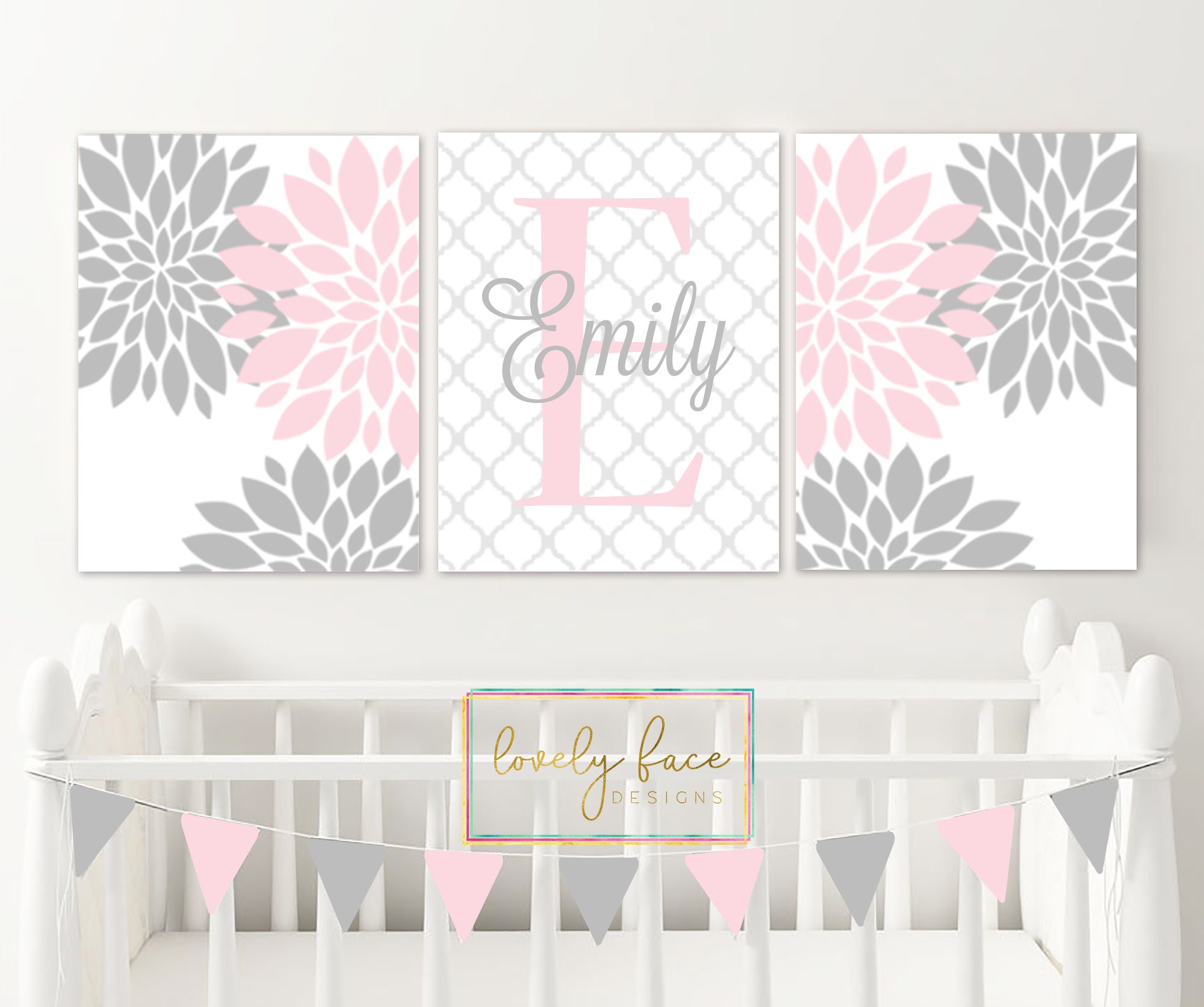 Floral Nursery Wall Art Baby Girl Name Flower Nursery Decor Etsy
