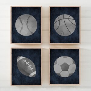 Navy Gray Sports Decor For Boys Room, Basketball Baseball Football Soccer Wall Art Prints or Canvas, Sports Balls Nursery, Athlete, Set of 4