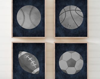 Navy Gray Sports Balls Nursery Art: Set of 4 Prints