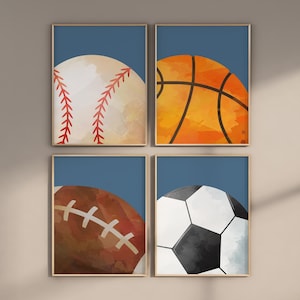 Boys Sports Art Prints: Baseball, Basketball, Football, Soccer, Set of 4