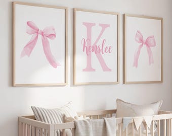 Personalized Pink Bow Nursery Prints, Baby Girl Wall Art Set 3