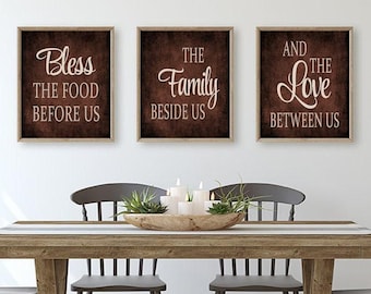 Kitchen Wall Art Prints, Bless The Food Family Love, Dining Room Decor, Set of 3