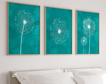 Teal Dandelion Wall Art Prints: Set of 3 Bedroom Pictures