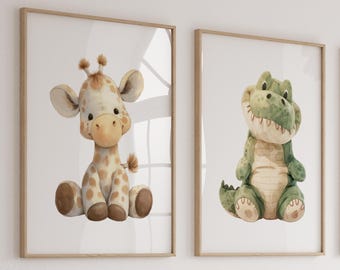 Watercolor Safari Animal Prints: Giraffe & Alligator Nursery Art Set of 2