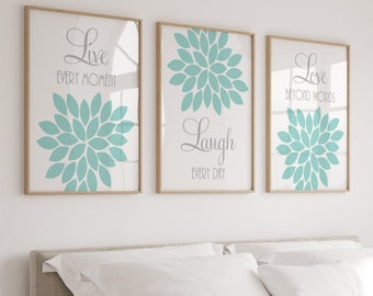 Live Laugh Love Wall Art, Aqua Gray Bedroom Wall Decor, Prints or Canvas Bedroom Pictures, Dahlia Flower Wall Art, Bathroom Decor Set of 3