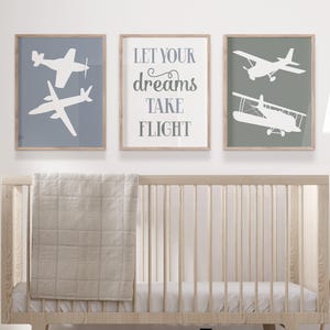 Neutral Airplane Nursery Art Prints, Baby Boy Airplane Nursery Wall Decor, Aviation Nursery, Airplanes Toddler Boy Set of 3 Prints or Canvas
