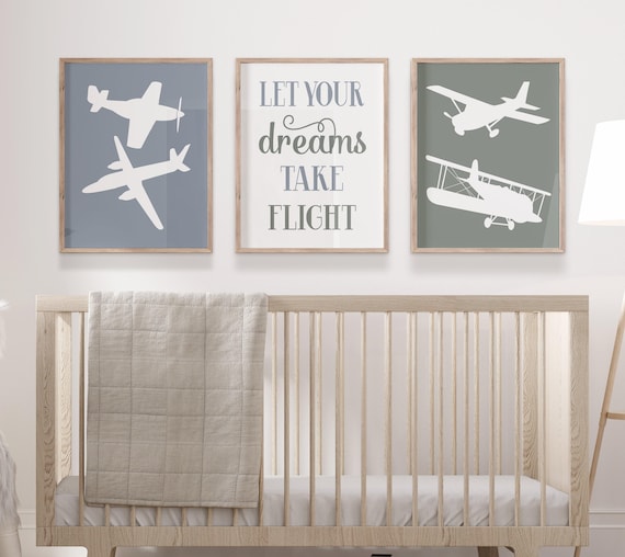 Neutral Airplane Nursery Art Prints, Baby Boy Airplane Nursery Wall Decor, Aviation Nursery, Airplanes Toddler Boy Set of 3 Prints or Canvas