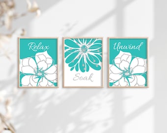 Turquoise Floral Bathroom Art Prints, Relax Soak Unwind, Set of 3