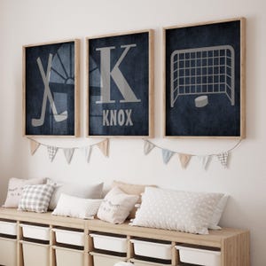 Hockey Wall Art For Nursery, Hockey Sticks Puck, Boy Sports Bedroom Prints or Canvas Set of 3, Above Crib Art, Navy Blue Gray