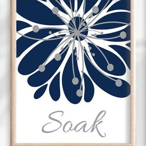Navy Blue Floral Bathroom Art Prints, Relax Soak Unwind, Set of 3 image 3