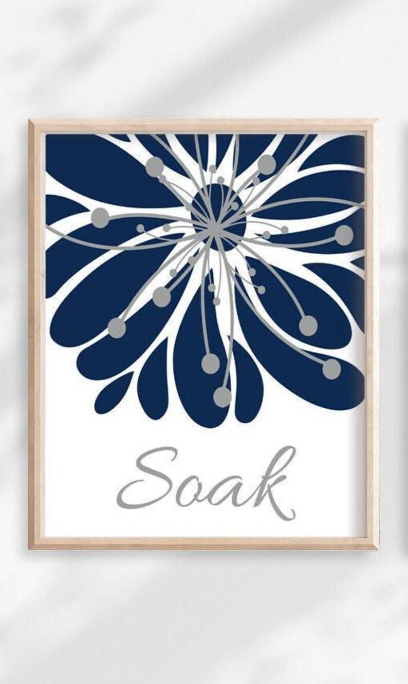 Navy Blue Floral Bathroom Art Prints, Relax Soak Unwind, Set of 3 image 3