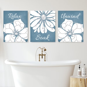 Blue Bathroom Prints, Bathroom Canvas, Relax Soak Unwind Bathroom Wall Decor, Floral Bathroom Wall Art, Flower Bathroom Quotes Set of 3