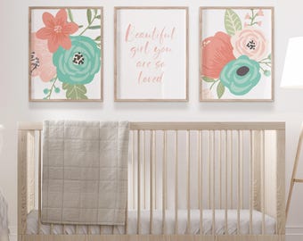 Floral Nursery Art Prints: Coral Aqua Flower Set of 3 Wall Art