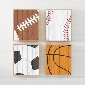 Sports Wall Art Printable For Boys Room, Sports Balls Printable, Distressed Wood Effect, Baby Boy Sports Balls Nursery Pictures, Set of 4