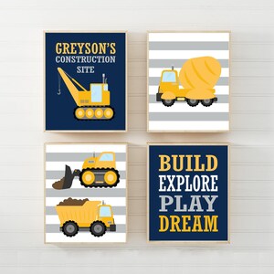 Construction Boys Room, Set of 4 Personalized Construction Prints or Canvas Pictures, Build Explore Play Dream, Construction Trucks Wall Art