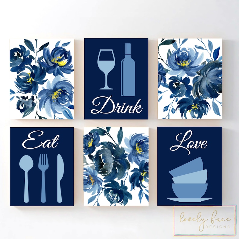 Blue Watercolor Floral Kitchen Wall Art Eat Drink Love Prints Etsy