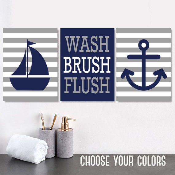 Kids Nautical Bathroom Art Prints, Navy Gray, Set of 3