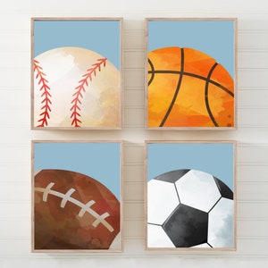 Sports Decor For Boys Room, Basketball Baseball Football Soccer Wall Art Prints or Canvas, Sports Balls Nursery, Neutral Blue Room, Set of 4
