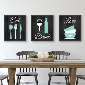 Eat Drink Love Kitchen Wall Art, Eat Drink Love Prints or Canvas Kitchen Quote Wall Decor, Dining Room Wall Decor Set of 3 Kitchen Pictures
