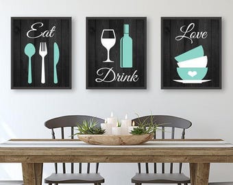 Eat Drink Love Kitchen Art Prints, Dining Room Wall Decor, Set of 3