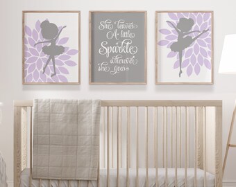 Ballerina nursery art prints, Canvas wall art set of 3, Lavender nursery wall decor, Baby girl above crib decor, She leaves a little sparkle