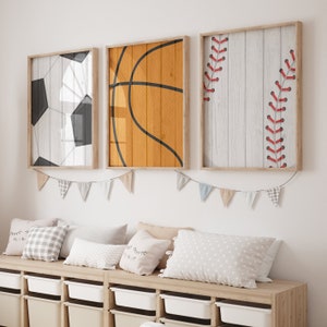 Sports Room Art, Sports Wall Prints or Canvas Set of 3, Basketball Baseball Soccer Ball Distressed Sports Theme Nursery, Boy Sports Bedroom