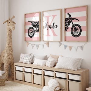 Girls dirt bike nursery or bedroom decor, girls pink dirt bike prints or canvas, girl dirt bike themed art set of 3, pink dirt bike decor image 2